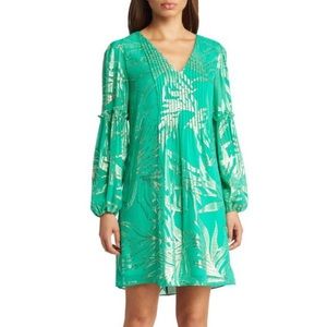 Cleme Long Sleeve Silk Blend Dress in Botanical Green